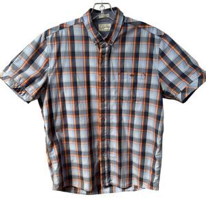 7 Diamonds Cotton Short Sleeve Button Down Shirt Men L Blue Gray Orange Plaid